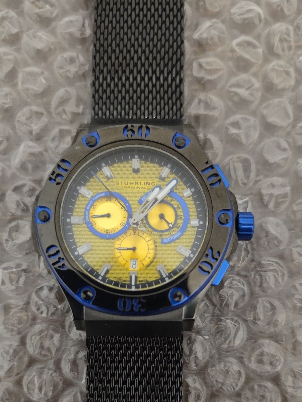 Stuhrling Original Yellow Dial Watch with Blue Accents and Black Mesh Strap
